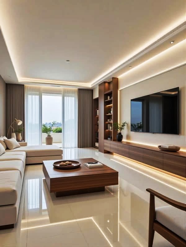 TV unit wall design with wooden texture and lighting